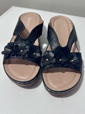 Ecetana Black Floral Leather Slide Sandals Size EU42